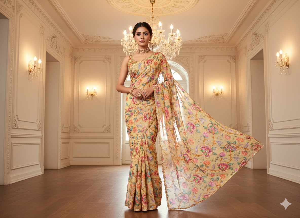 Cream Dyed Viscose Georgette With Sequins Embroidered Fabric