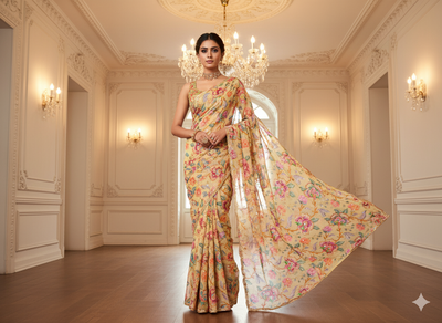 Cream Dyed Viscose Georgette With Sequins Embroidered Fabric