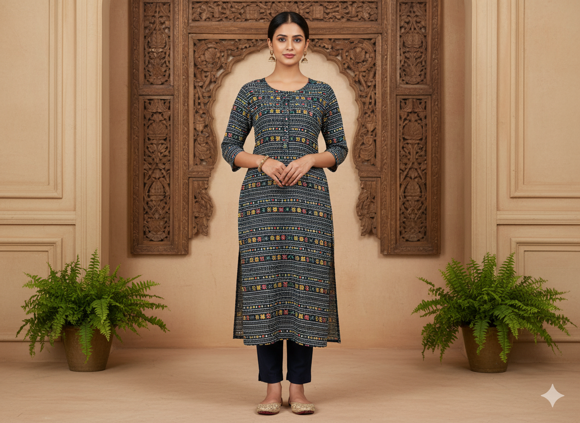 Dark Blue Traditional Digitally Printed Butter Crepe Fabric