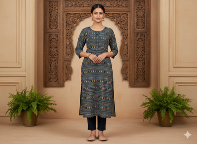 Dark Blue Traditional Digitally Printed Butter Crepe Fabric