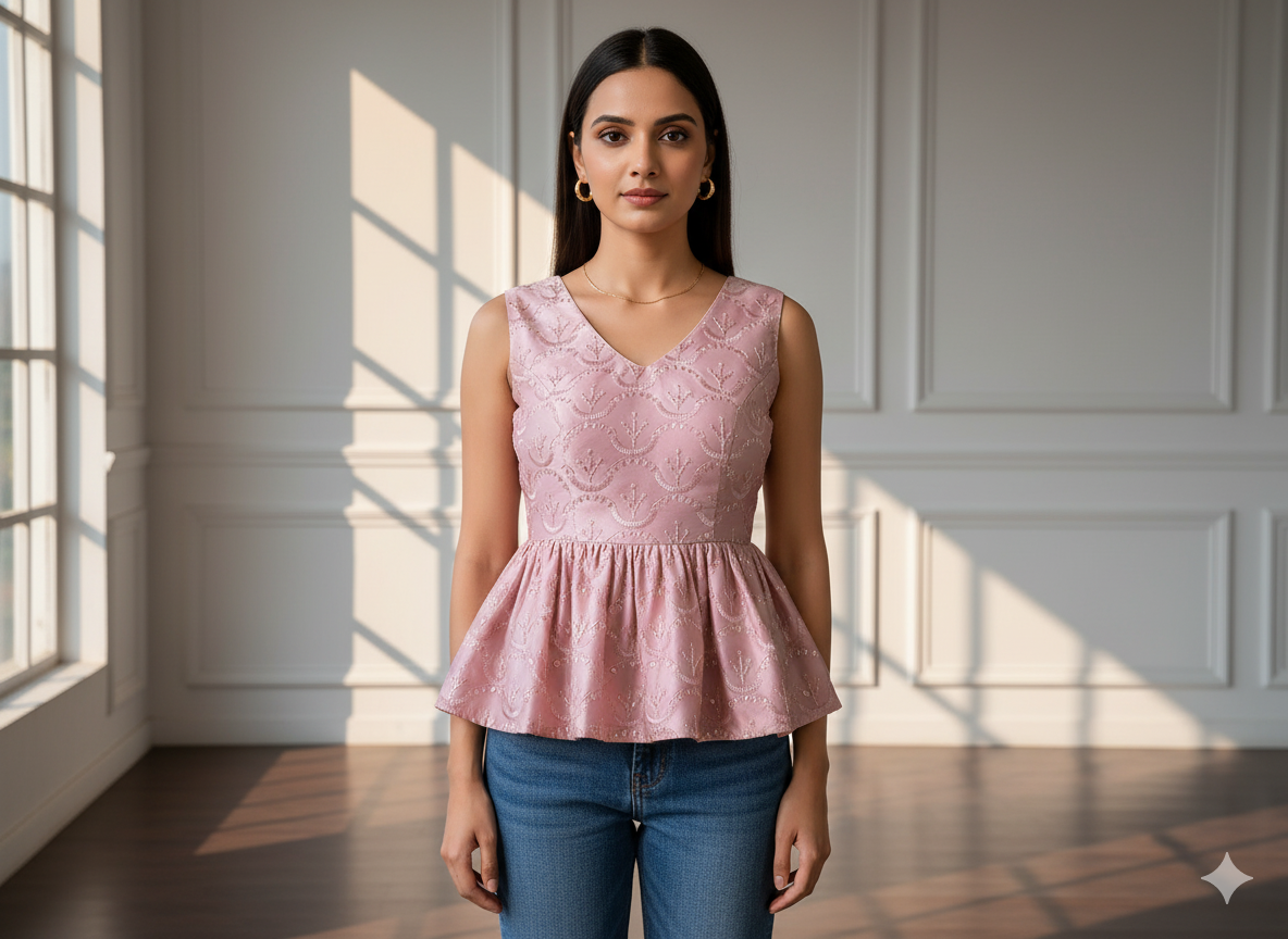 हल्के गुलाबी धातुई सेक्विन कढ़ाई मलाई साटन कपड़ा