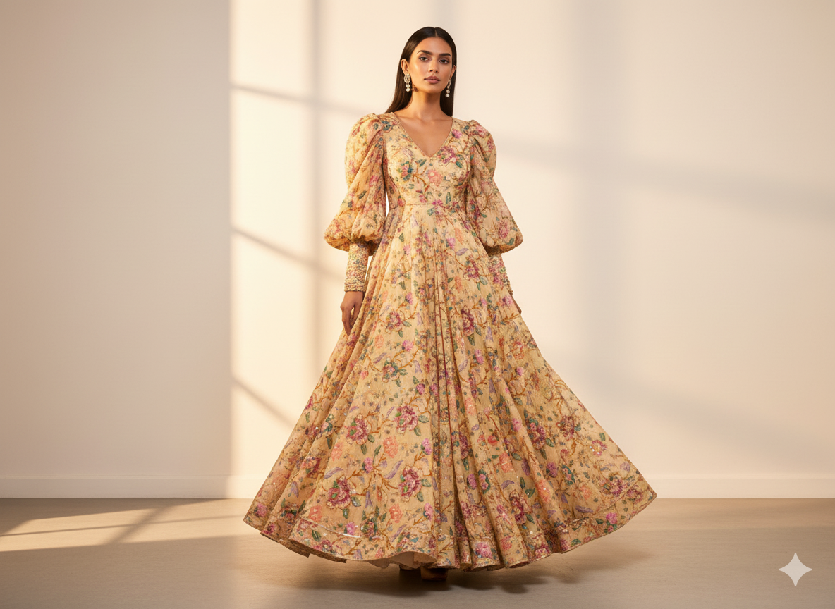 Cream Dyed Viscose Georgette With Sequins Embroidered Fabric