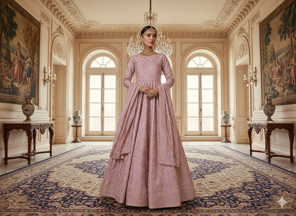 हल्के गुलाबी धातुई सेक्विन कढ़ाई मलाई साटन कपड़ा