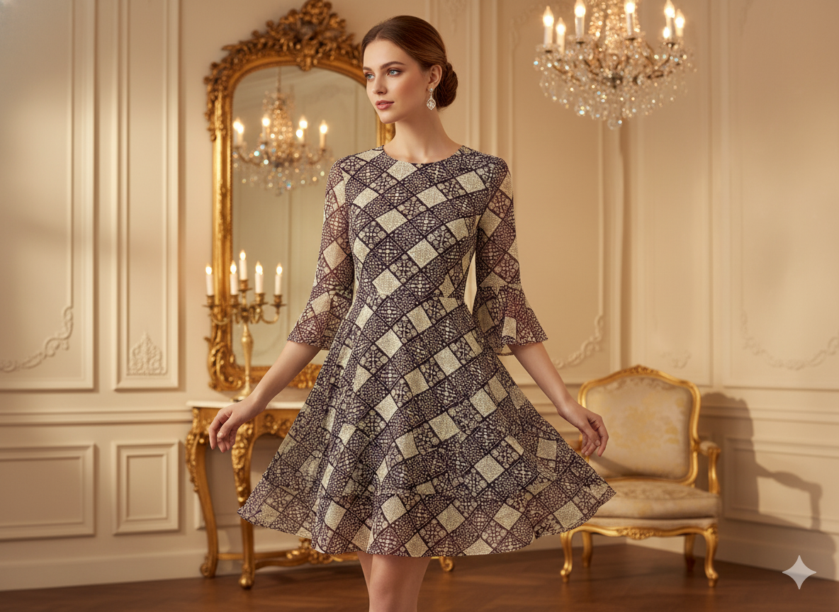 Dark Burgundy Diamond Digitally Printed Butter Crepe Fabric