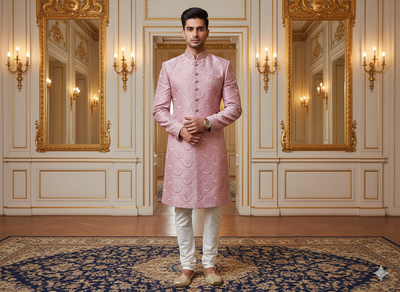 हल्के गुलाबी धातुई सेक्विन कढ़ाई मलाई साटन कपड़ा