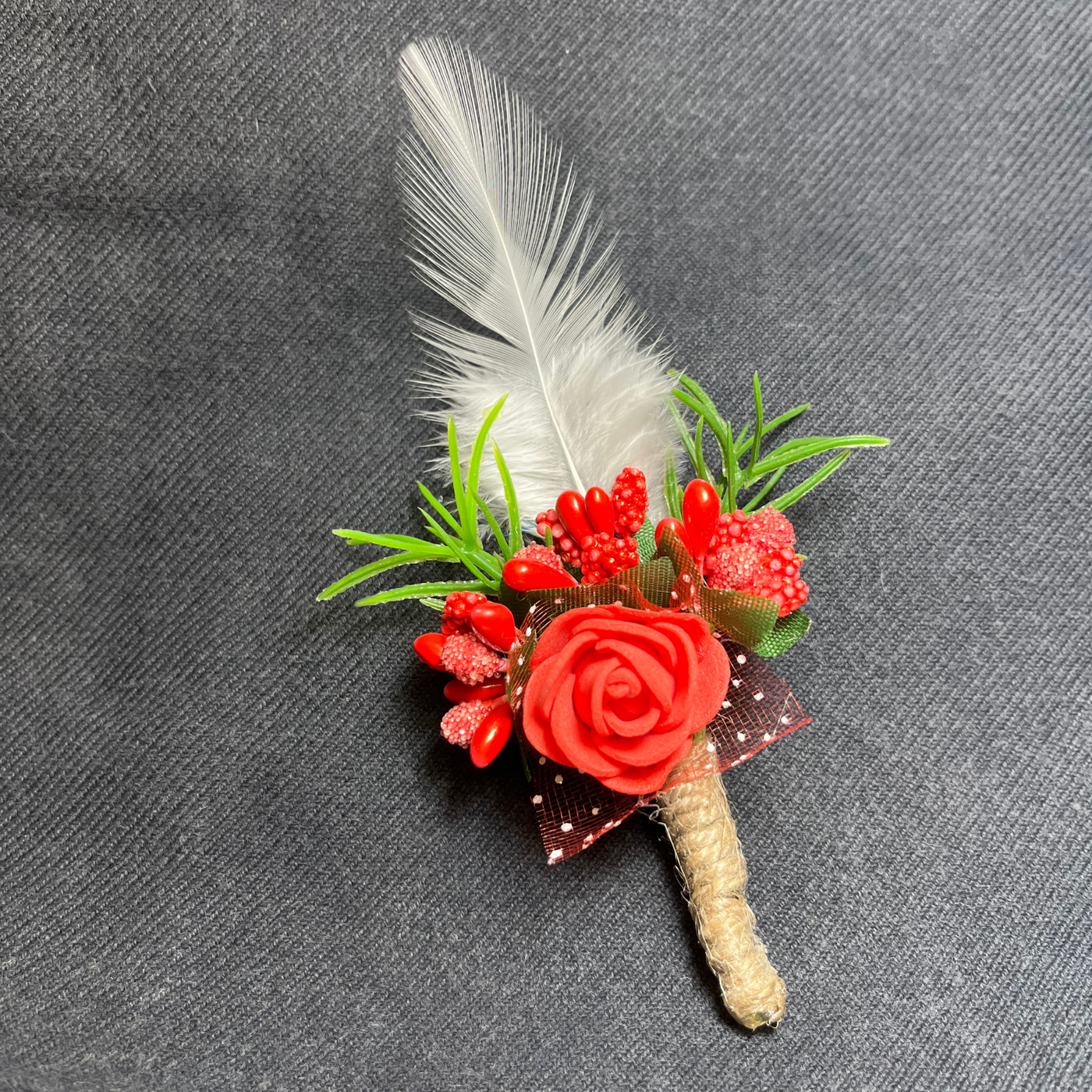 Red & White Faux Feather Flower Brooch