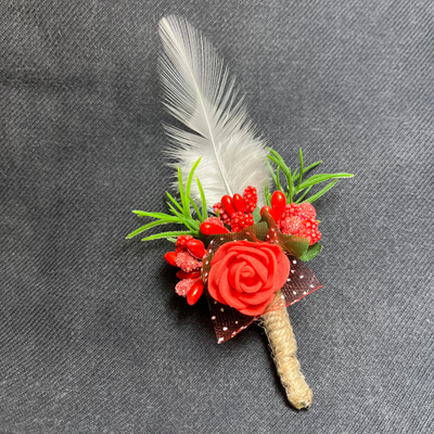 Red & White Faux Feather Flower Brooch