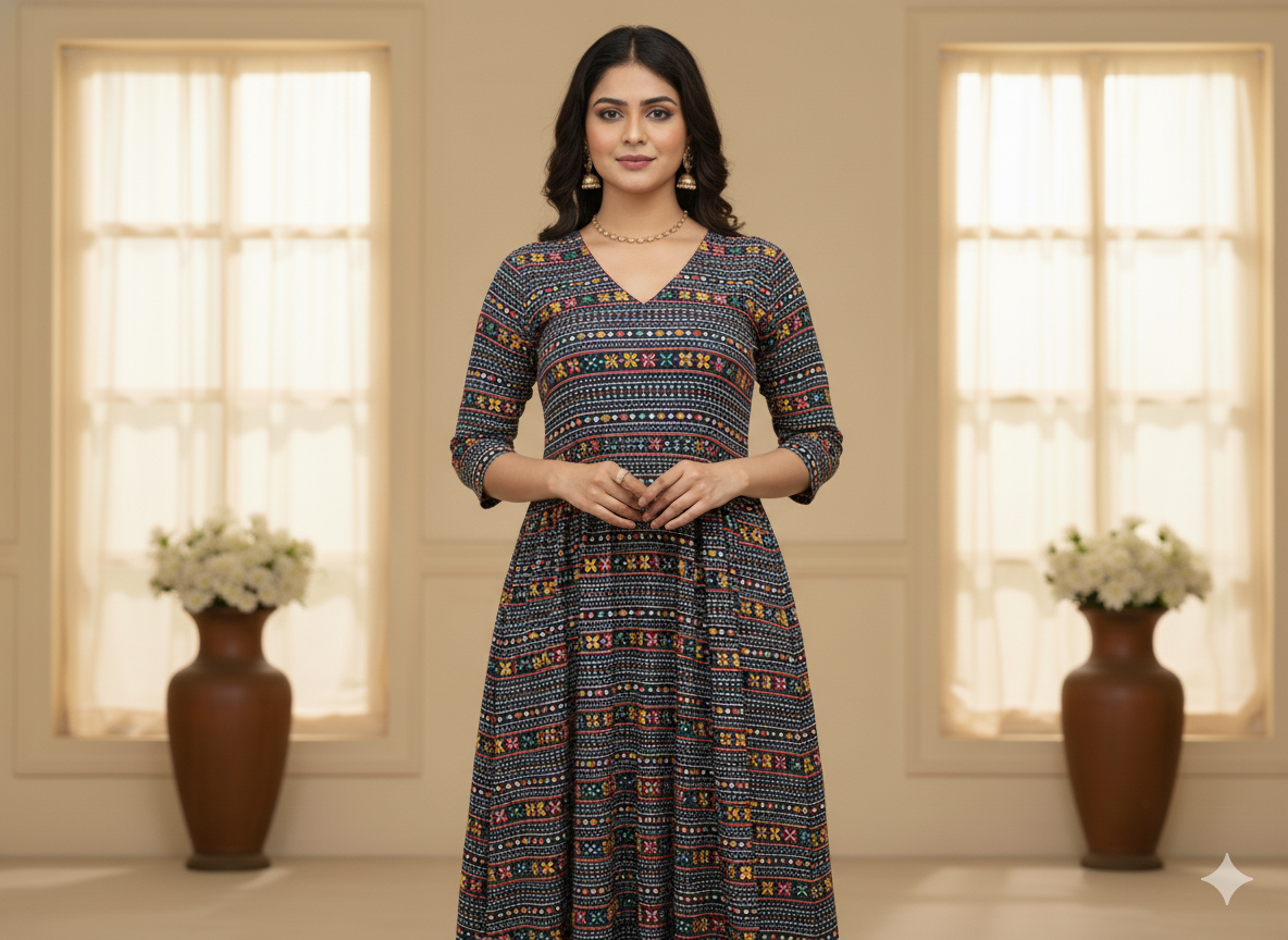 Dark Blue Traditional Digitally Printed Butter Crepe Fabric