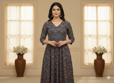 Dark Blue Traditional Digitally Printed Butter Crepe Fabric