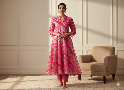 गुलाबी और सफेद स्रीप्स सेक्विन वर्क ऑर्गेना फैब्रिक