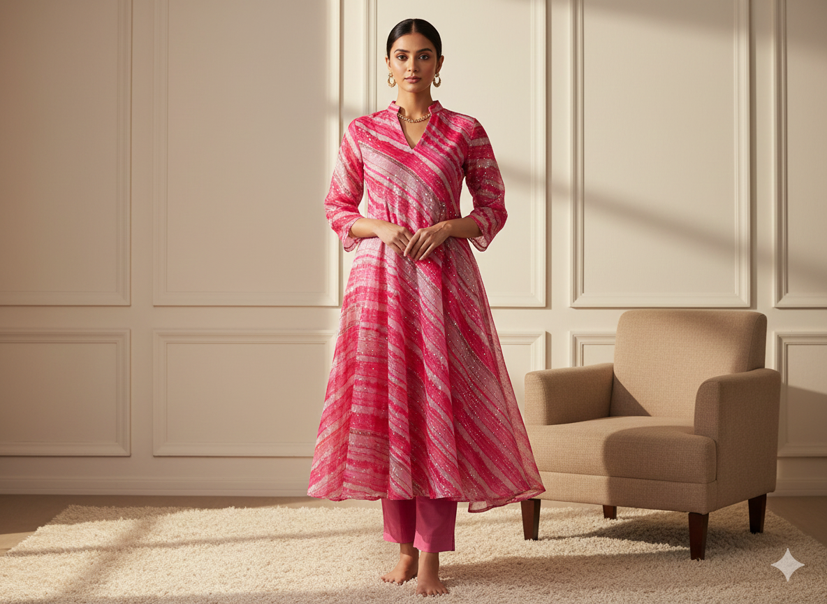 गुलाबी और सफेद स्रीप्स सेक्विन वर्क ऑर्गेना फैब्रिक