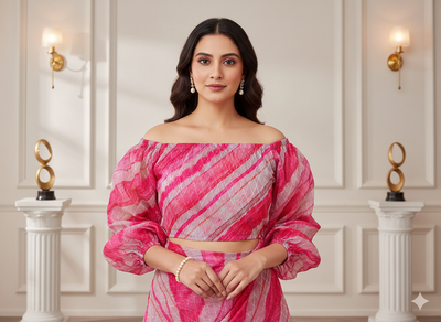 गुलाबी और सफेद स्रीप्स सेक्विन वर्क ऑर्गेना फैब्रिक