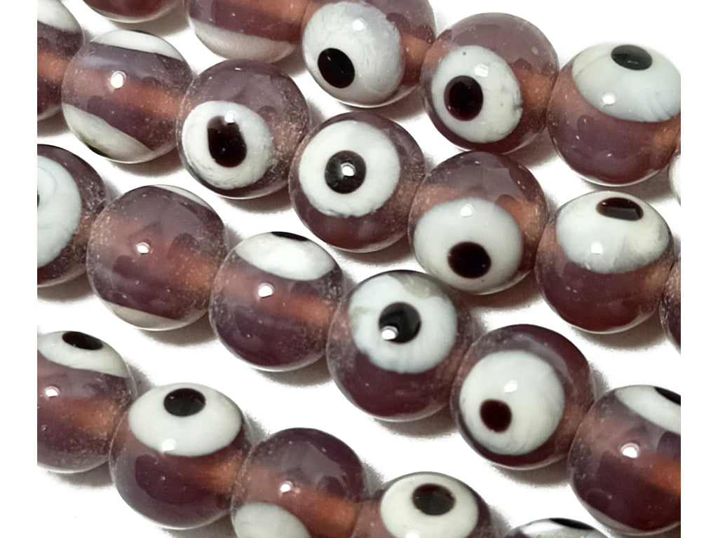 Mauve & White Spherical Evil Eye Glass Beads