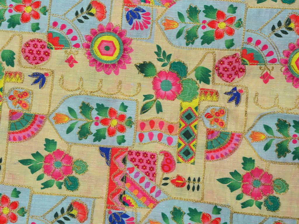 Yellow Multicolor Traditional Digital Print Heavy Zari Embroidered Mulberry Silk Fabric