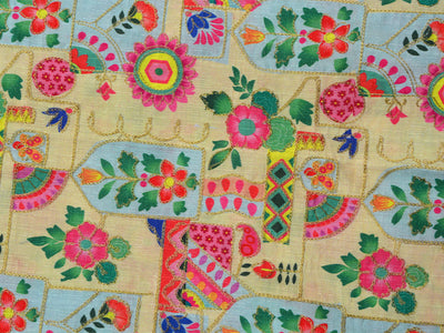 Yellow Multicolor Traditional Digital Print Heavy Zari Embroidered Mulberry Silk Fabric