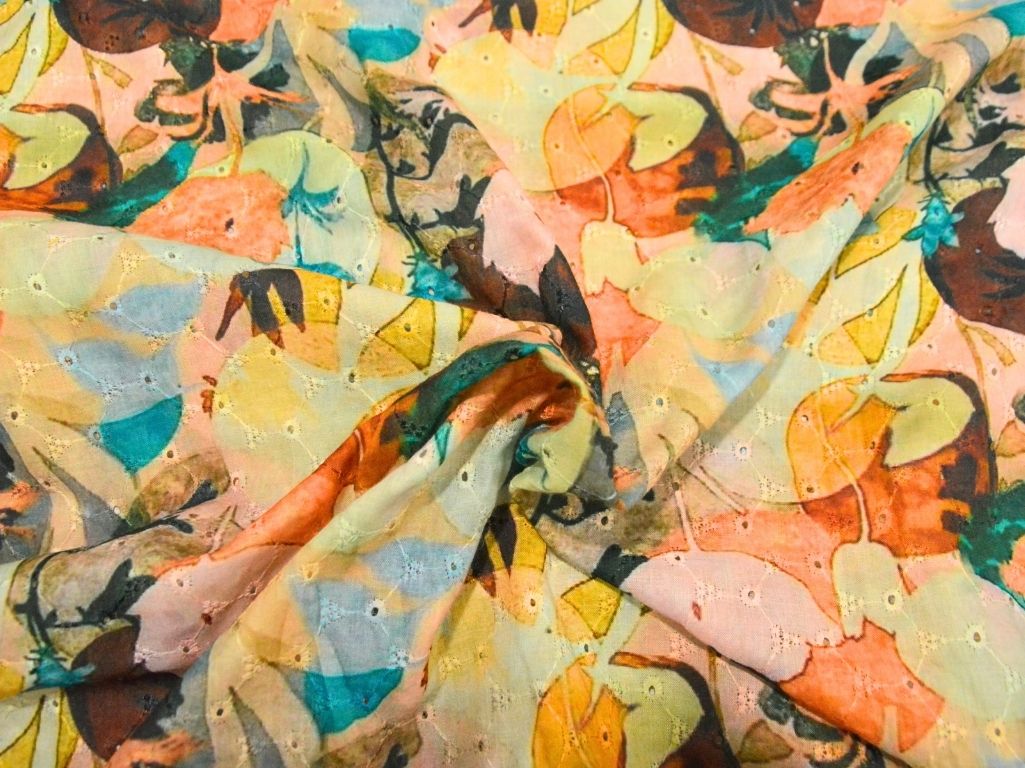 Multicolor 100 % Pure Cotton Chikan Embroidered Fabric
