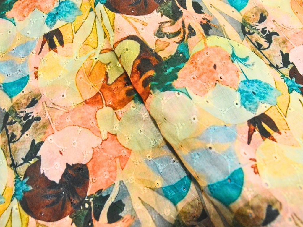 Multicolor 100 % Pure Cotton Chikan Embroidered Fabric
