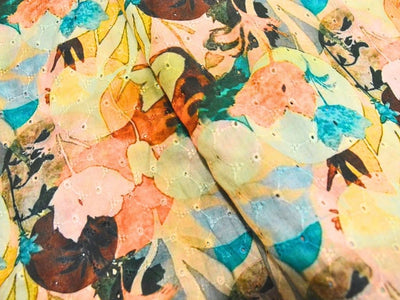 Multicolor 100 % Pure Cotton Chikan Embroidered Fabric