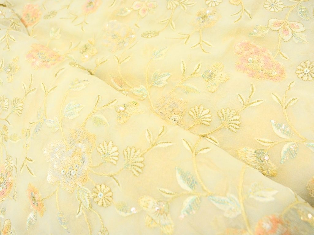 Beige Dyed Viscose Georgette With Sequins Embroidered Fabric
