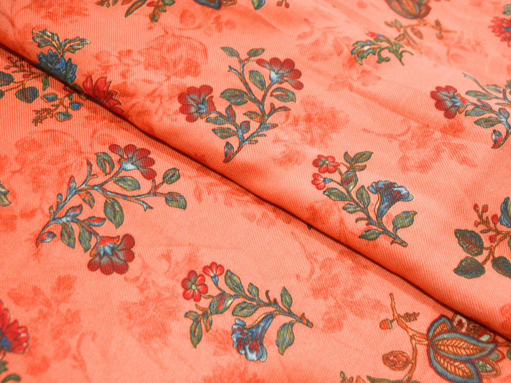 Peach Floral Printed Semi Pashimna Woolen Fabric
