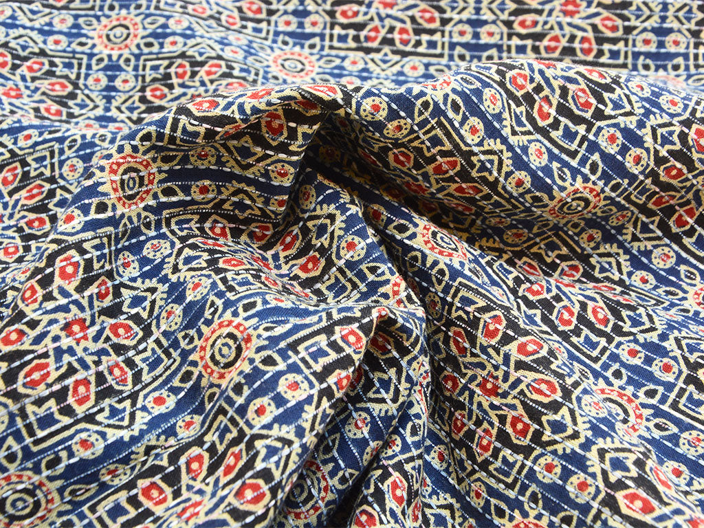 Royal Blue Floral Pure Cotton Kantha Fabric