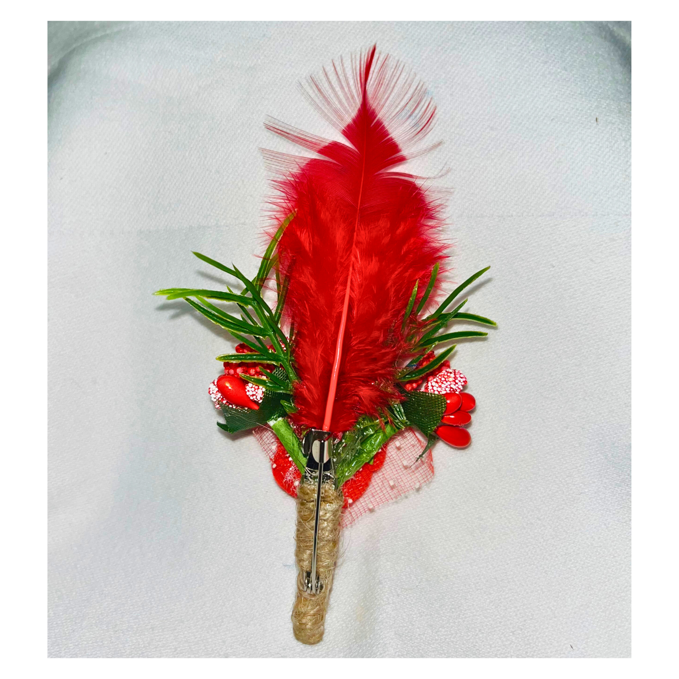 Red Faux Feather Flower Brooch