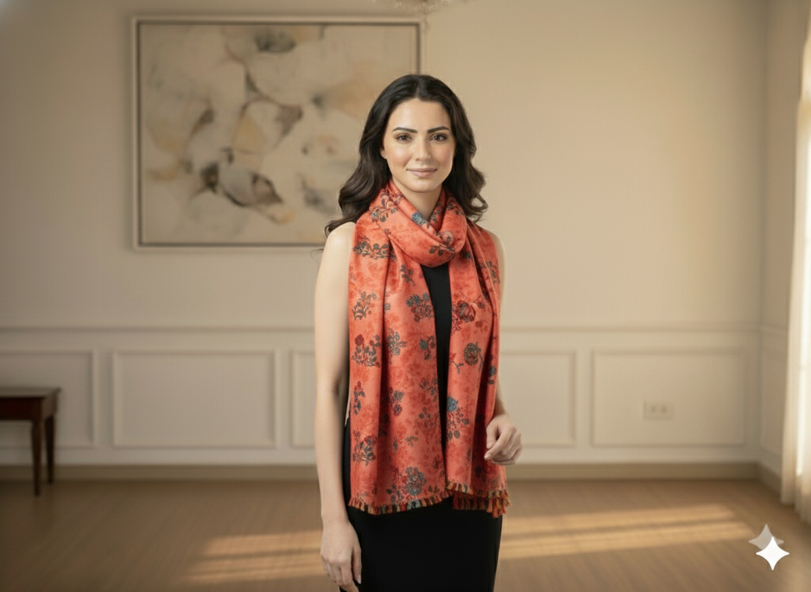 Peach Floral Printed Semi Pashimna Woolen Fabric