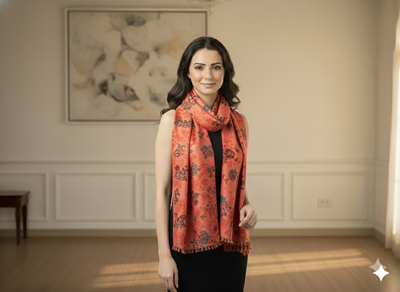 Peach Floral Printed Semi Pashimna Woolen Fabric