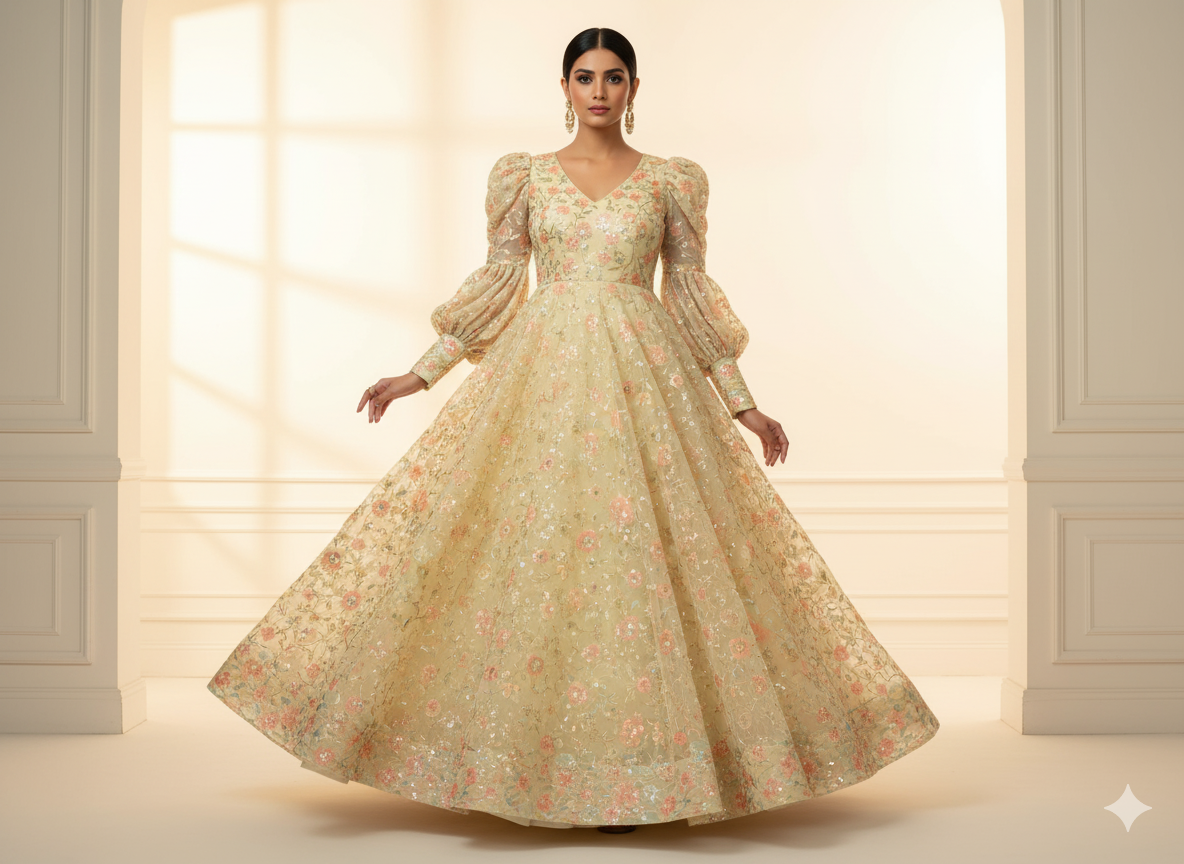 Beige Dyed Viscose Georgette With Sequins Embroidered Fabric