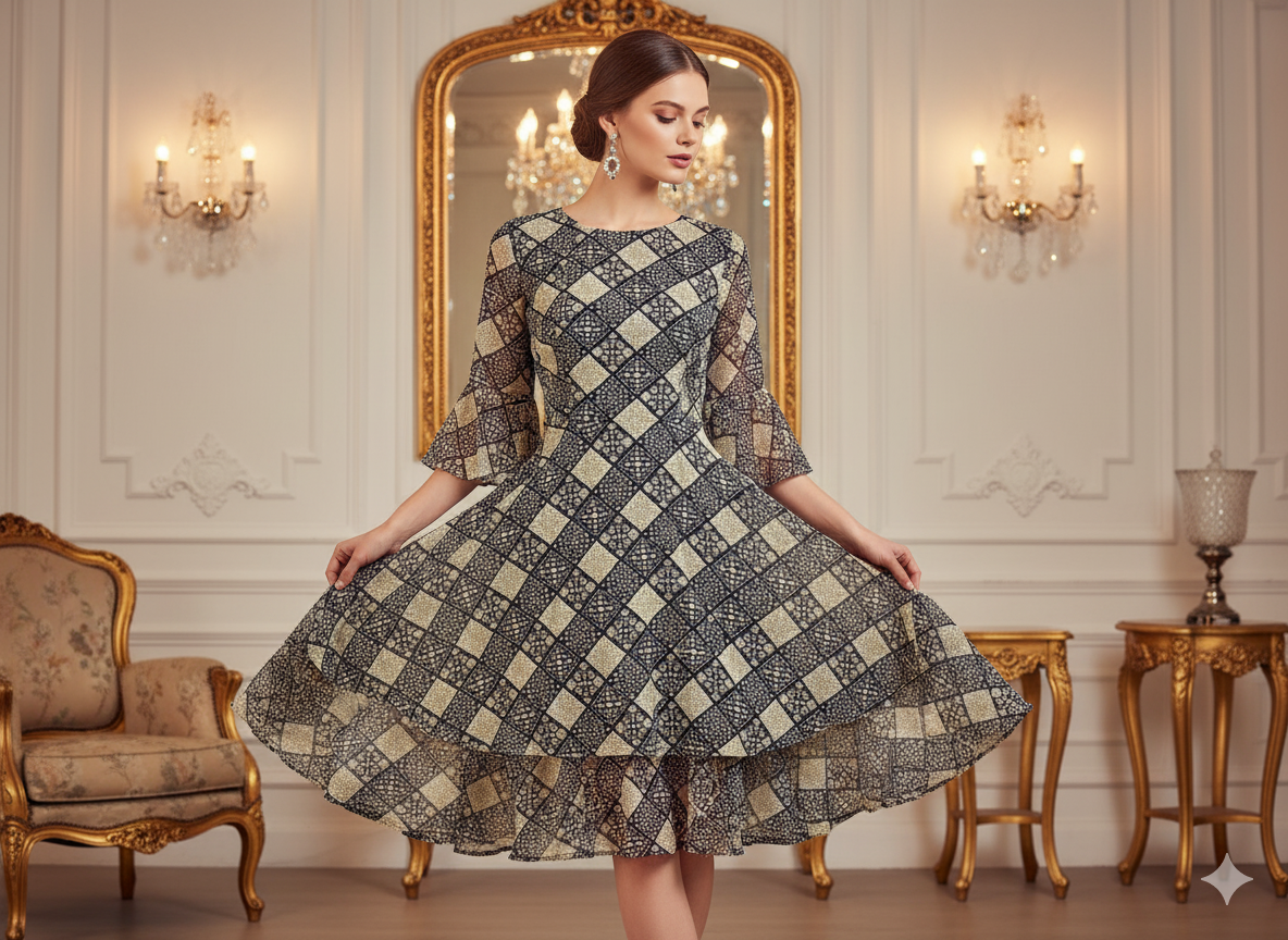Dark Navy Blue Diamond Digitally Printed Butter Crepe Fabric