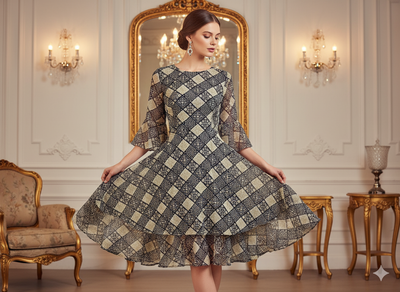 Dark Navy Blue Diamond Digitally Printed Butter Crepe Fabric