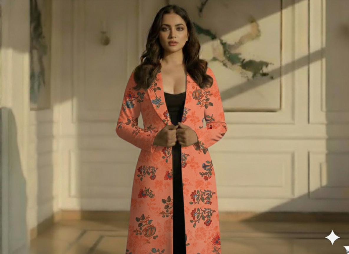 Peach Floral Printed Semi Pashimna Woolen Fabric