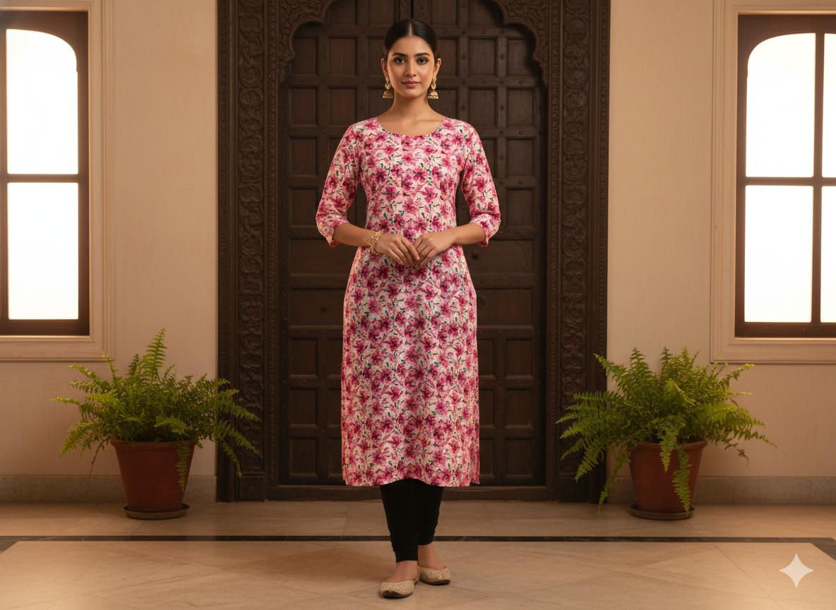 Baby Pink Floral Digitally Printed Butter Crepe Fabric