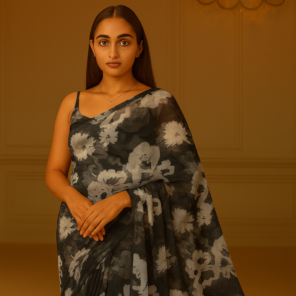 Black Floral Digital Printed Liquid Organza Fabric