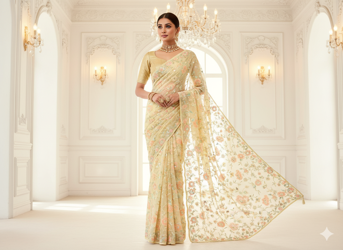 Beige Dyed Viscose Georgette With Sequins Embroidered Fabric