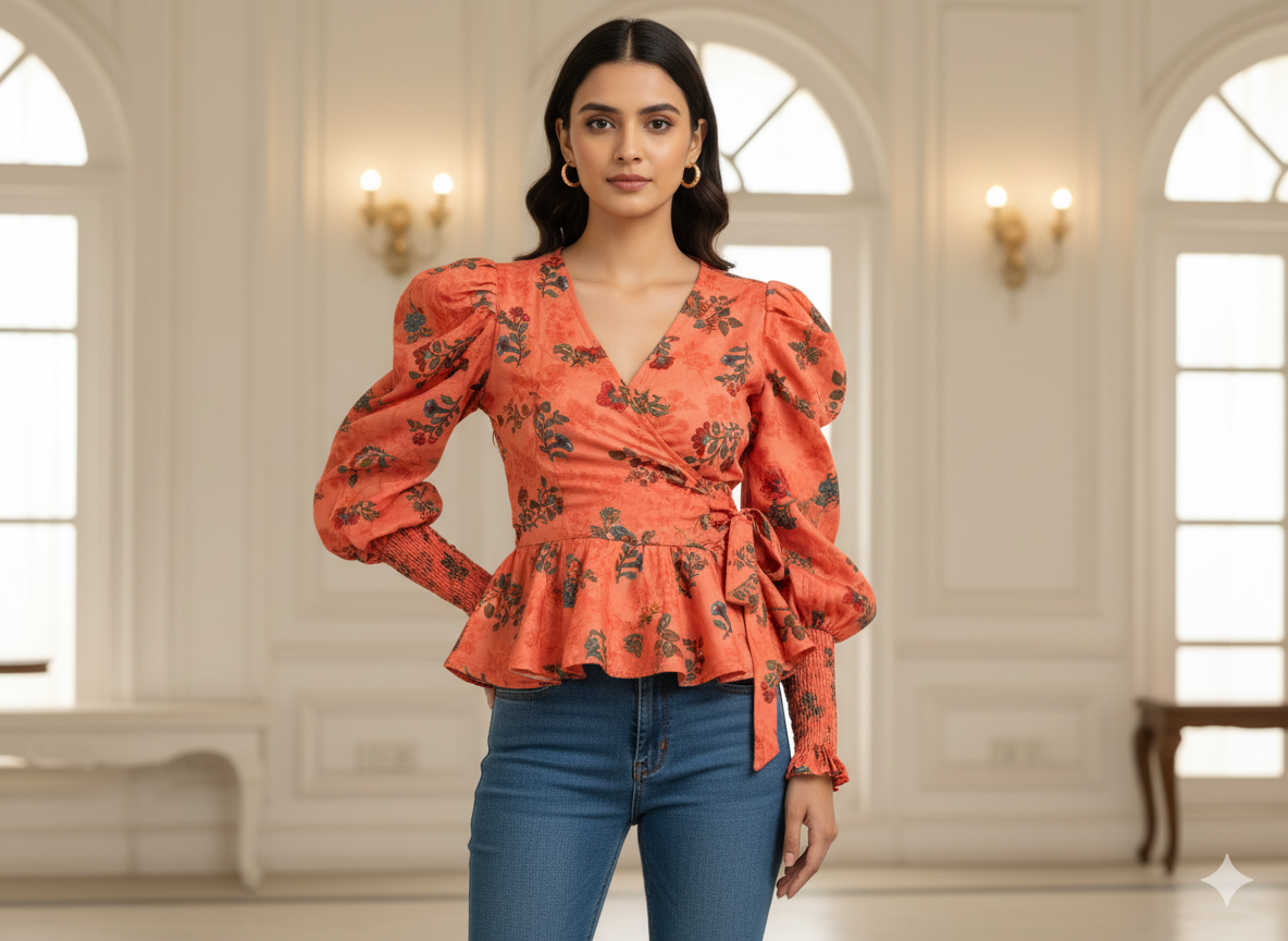 Peach Floral Printed Semi Pashimna Woolen Fabric