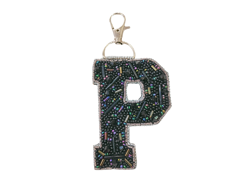 Black Cutdana 'P' Alphabet Bag Charm