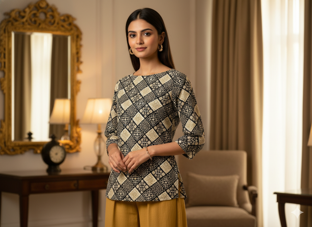 Dark Navy Blue Diamond Digitally Printed Butter Crepe Fabric