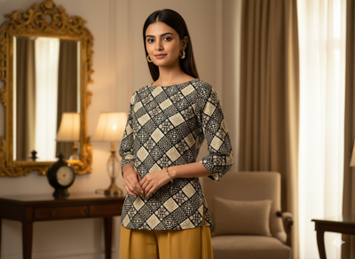 Dark Navy Blue Diamond Digitally Printed Butter Crepe Fabric