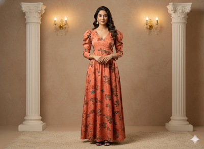 Peach Floral Printed Semi Pashimna Woolen Fabric