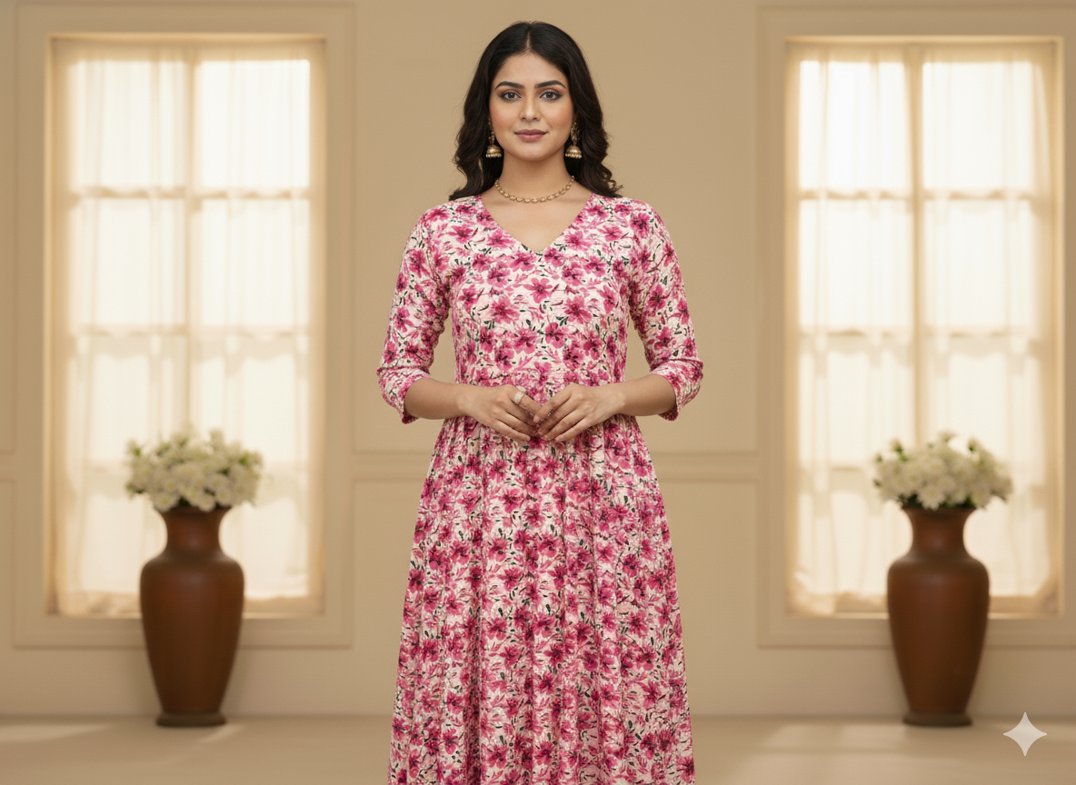 Baby Pink Floral Digitally Printed Butter Crepe Fabric