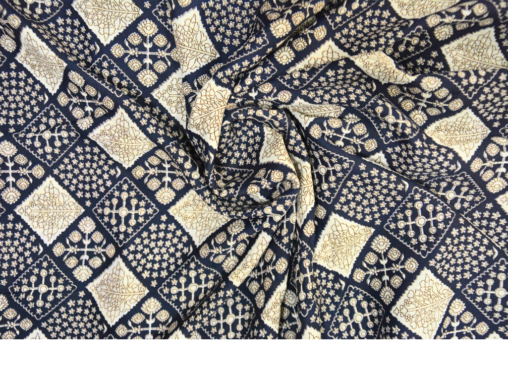 Dark Navy Blue Diamond Digitally Printed Butter Crepe Fabric
