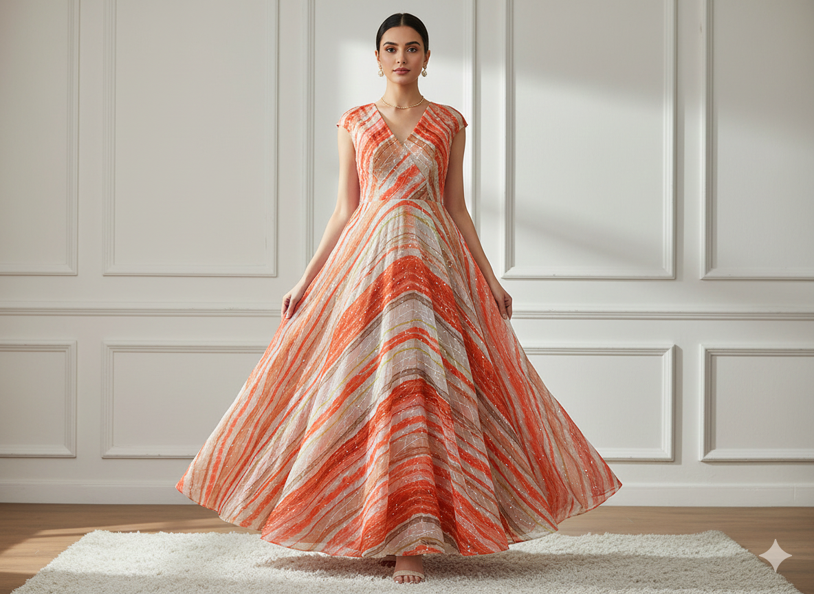 नारंगी और सफेद स्रीप्स सेक्विन वर्क ऑर्गेना फैब्रिक