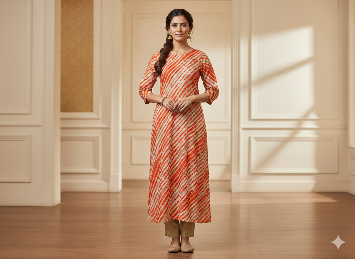 नारंगी और सफेद स्रीप्स सेक्विन वर्क ऑर्गेना फैब्रिक