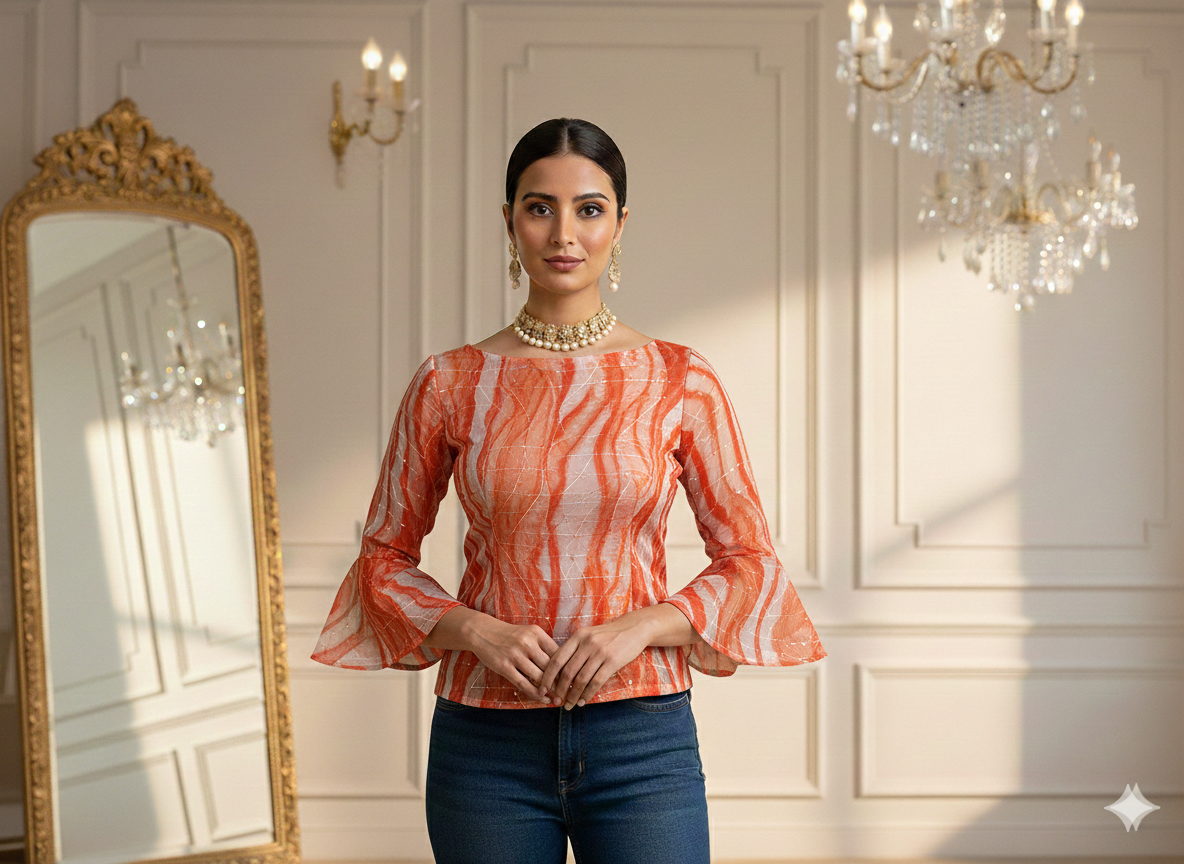 नारंगी और सफेद स्रीप्स सेक्विन वर्क ऑर्गेना फैब्रिक