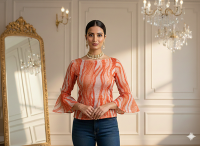 नारंगी और सफेद स्रीप्स सेक्विन वर्क ऑर्गेना फैब्रिक