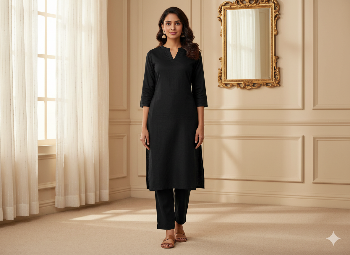 जेट ब्लैक प्लेन ग्लेज्ड कॉटन फ़ैब्रिक (थोक)