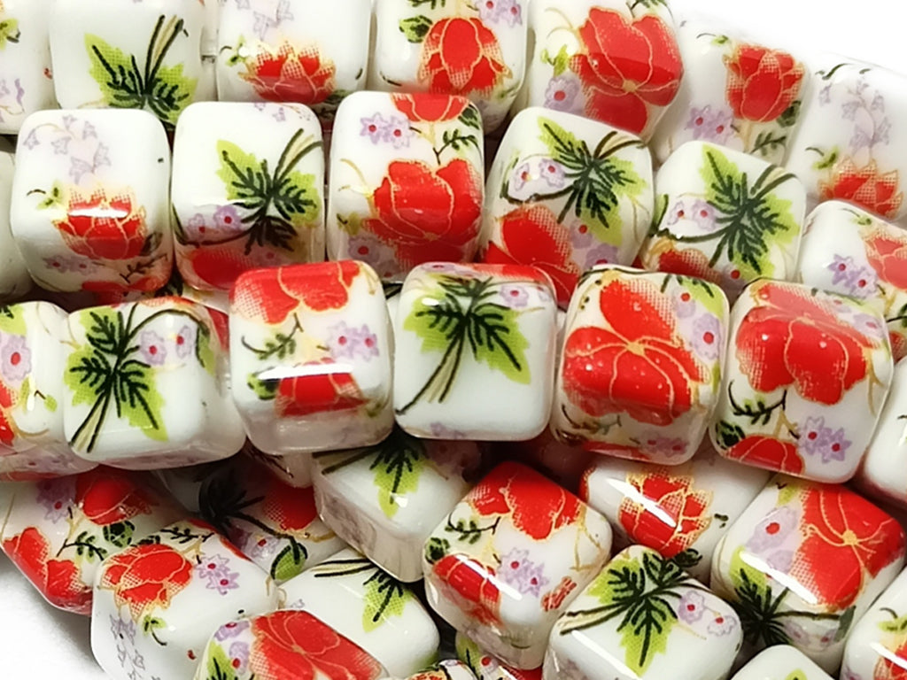 Red & White  Cubic Shaped Ceramic Beads