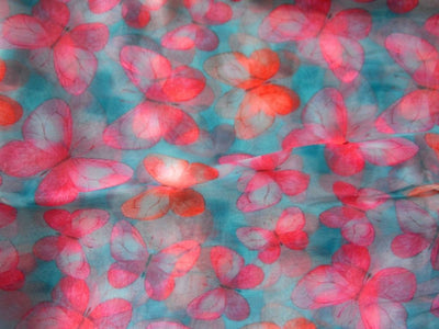 Sky Blue Butterfly Digital Printed Liquid Organza Fabric