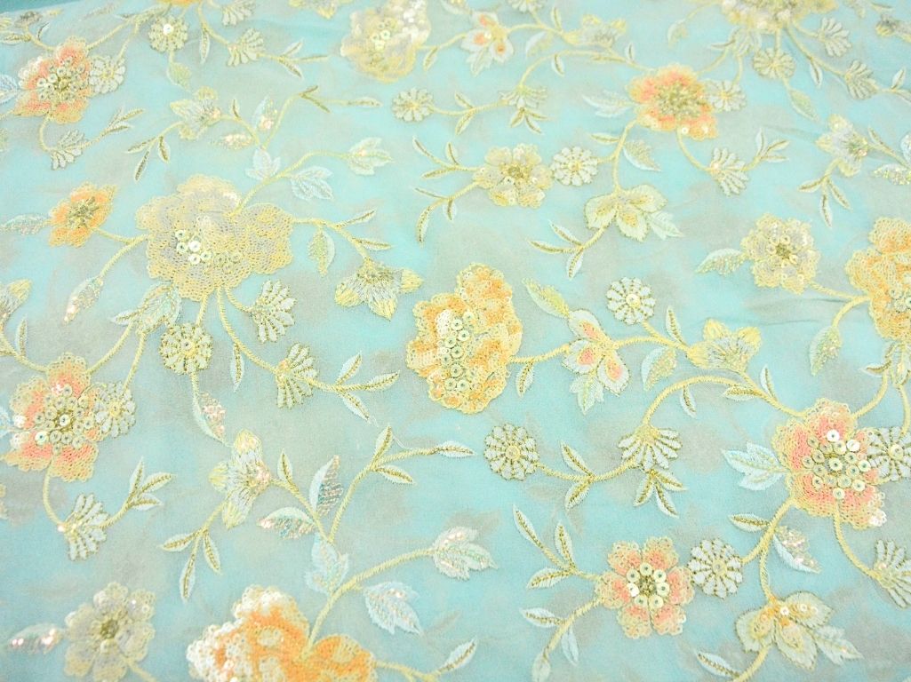 Baby Blue Viscose Georgette With Sequins Embroidered Fabric